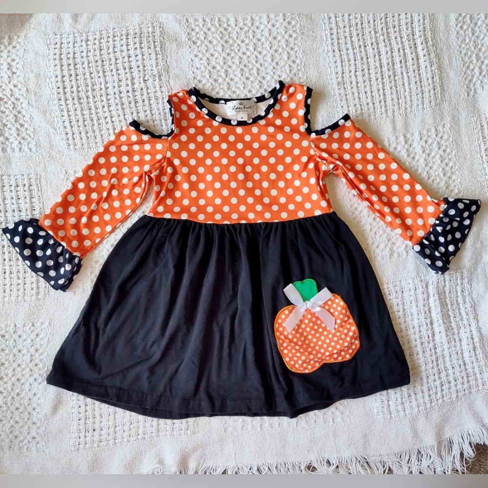 Boutique Halloween Fall Pumpkin Polka Dot Dress Cutout Applique Size Small